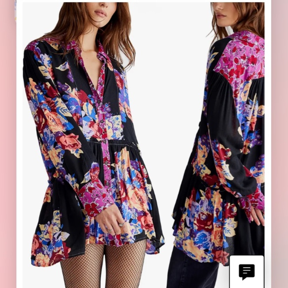 Brand NWOT Free People Brunch A Bunch tunic shirt, flowery long sleeves size L